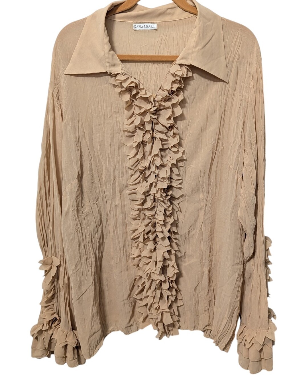 Tan Plus Size 2X Semi Sheer Ruffled Crinkled Long Sleeve Blouse Y2K Piratecore
